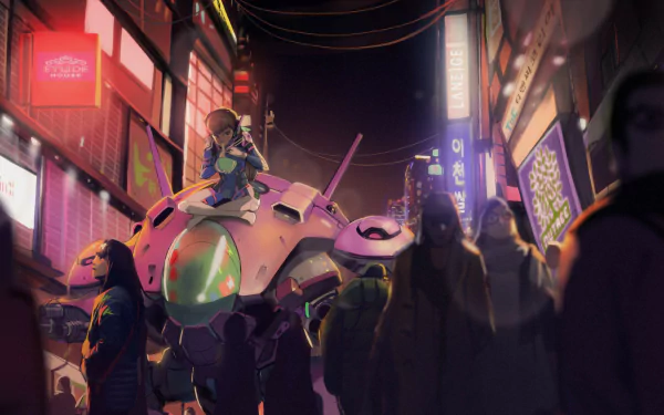 HD desktop wallpaper featuring D.Va from Overwatch sitting on her mecha in a crowded, neon-lit street at night, capturing the energetic atmosphere of the video game.