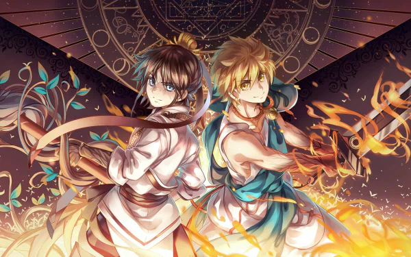 A captivating HD wallpaper featuring Alibaba Saluja and Hakuryuu Ren from Magi: The Labyrinth of Magic, showcasing their unique weapons against a fiery background.