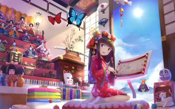 A vibrant HD desktop wallpaper featuring an anime girl in traditional attire, surrounded by colorful decorations, toys, and books, set against a bright, serene sky.