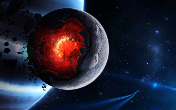 Sci Fi collision 2K Quad HD PC desktop wallpaper: a planet ruptured by a glowing molten impact, debris scattering toward a blue gas giant against a starfield and streaking light.