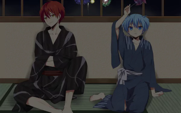 Two characters from *Assassination Classroom*, Karma Akabane with red hair and Nagisa Shiota with aqua hair, relax in kimonos under fireworks, creating a vibrant, festive atmosphere.