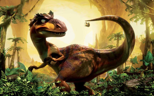 HD PC desktop wallpaper featuring a dinosaur character from the movie Ice Age: Dawn of the Dinosaurs in a lush prehistoric jungle setting.