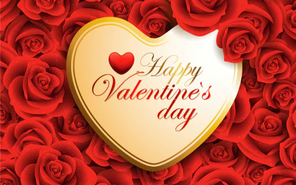 HD desktop wallpaper featuring a golden heart with Happy Valentine's Day text, surrounded by vibrant red roses for a romantic holiday celebration.