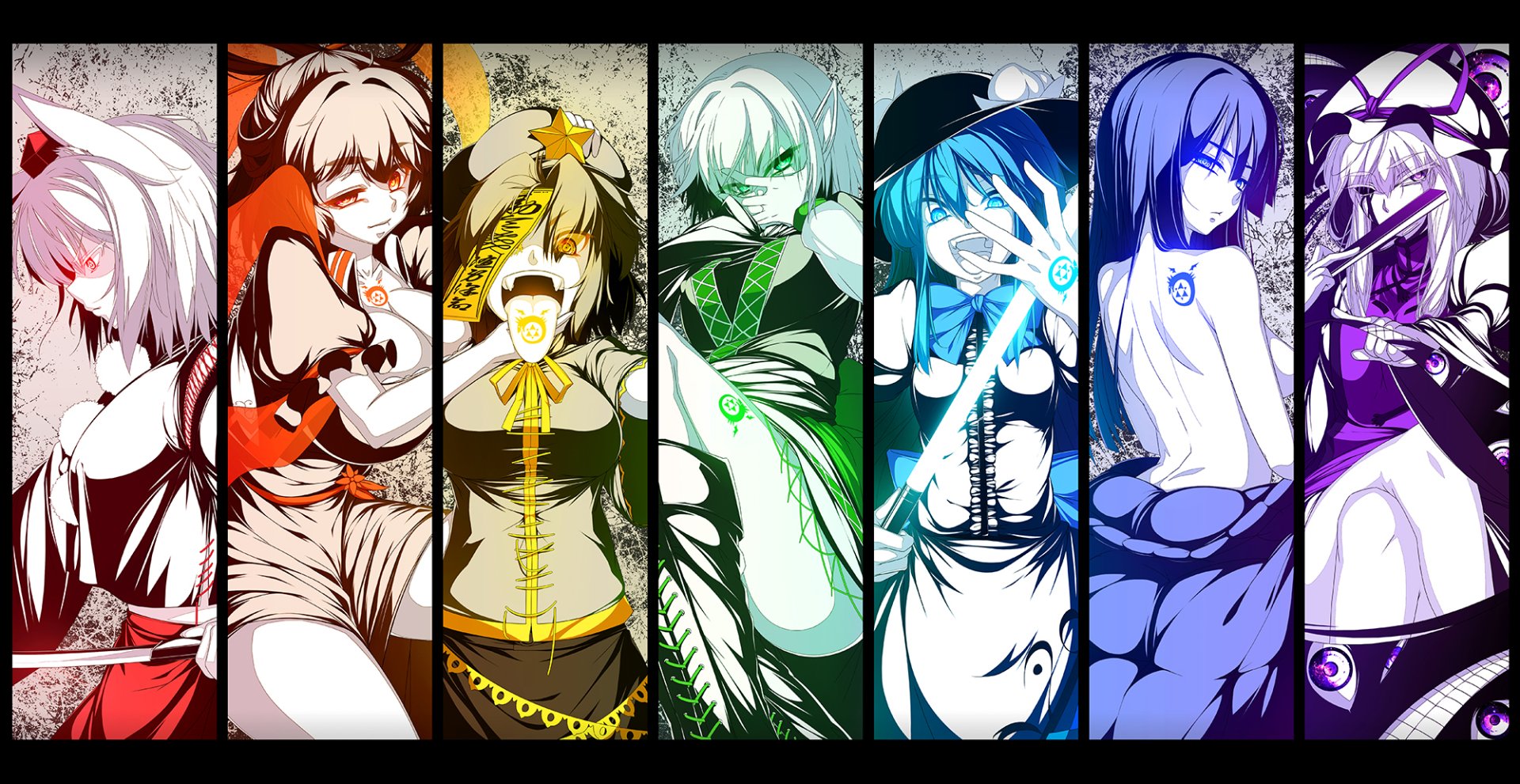 HD PC desktop wallpaper featuring a vibrant anime crossover with six distinct characters in colorful vertical panels, blending dynamic poses and bold styles.