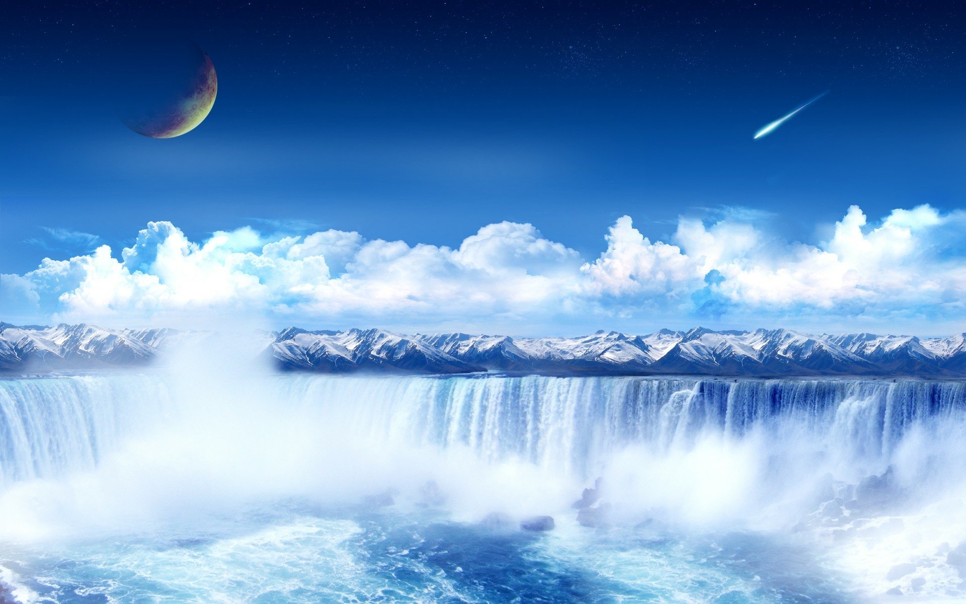 Download Meteor Planet Moon Cloud Blue Fantasy Waterfall HD Wallpaper