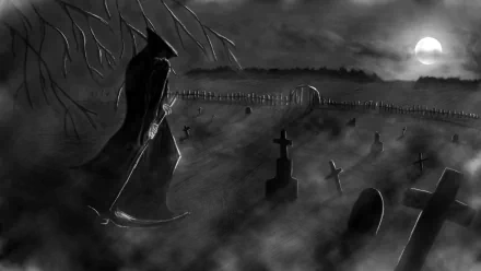A dark graveyard scene at night featuring a grim reaper figure amidst tombstones, shrouded in mist under a haunting moonlight, creating a somber and eerie atmosphere.