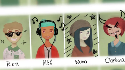 HD wallpaper featuring stylized cartoon characters from Oxenfree, including Ren, Alex, Nona, and Clarissa, against a green tinted background.