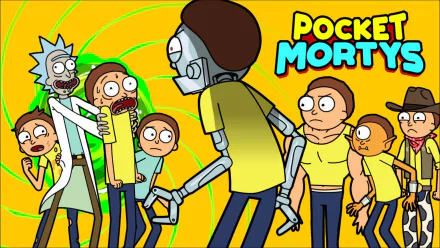 HD desktop wallpaper of Rick and Morty from Pocket Mortys featuring Rick Sanchez, Morty Smith, and multiple Mortys in a comical pose.
