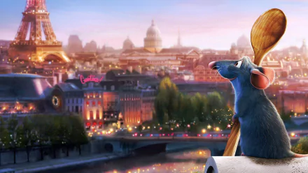 HD wallpaper featuring Remy from the movie Ratatouille gazing over a beautifully lit Paris cityscape, with the iconic Eiffel Tower in the background.