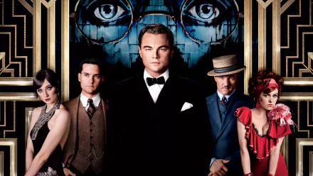 A vibrant HD wallpaper from The Great Gatsby, featuring Tobey Maguire, Elizabeth Debicki, Joel Edgerton, Isla Fisher, and Leonardo DiCaprio, set against an ornate background.