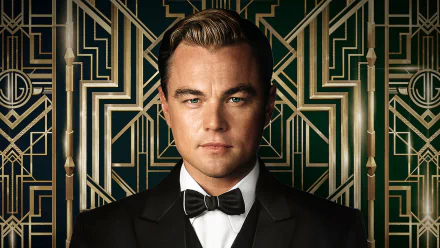 Leonardo DiCaprio in a striking pose from The Great Gatsby, set against an art deco background, captured in a high-definition desktop wallpaper.