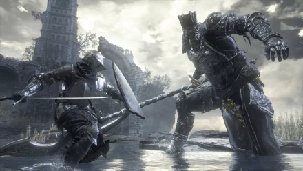 A dynamic scene from Dark Souls III featuring a knight in battle against a towering armored foe, set against a dramatic, high-contrast backdrop. 4K Ultra HD wallpaper for PC.