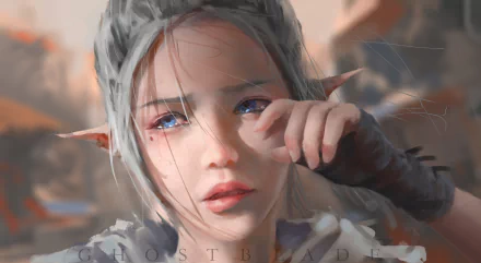 An HD desktop wallpaper featuring a melancholic elf with grey hair, blue eyes, and pointed ears, wiping away tears. The artwork is from the comic GhostBlade.