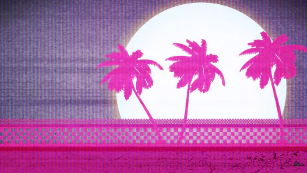 4K Ultra HD Hotline Miami-inspired PC wallpaper featuring vibrant pink palm trees silhouetted against a large glowing white moon and a retro grid background.