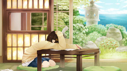 A student with short brown hair in a school uniform rests at a desk, surrounded by nature. They have a pen and book in front of them, creating a serene anime-inspired scene.
