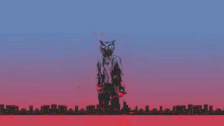 HD PC desktop wallpaper featuring a character from Hotline Miami 2: Wrong Number standing against a gradient dusk sky above a silhouetted cityscape.