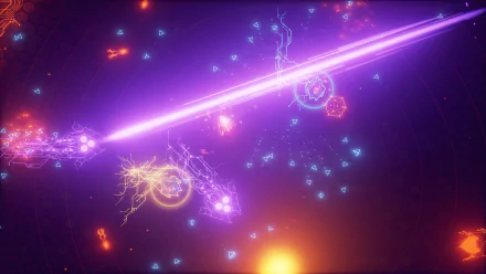 A vibrant HD desktop wallpaper from the video game AIPD - Artificial Intelligence Police Department, featuring colorful beams of light and dynamic energy patterns in a futuristic space setting.
