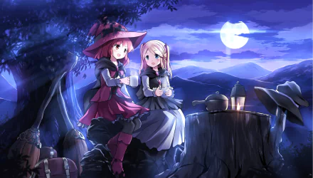 Two anime characters, one in a red dress and witch hat, the other in a blue dress, are enjoying tea under a moonlit sky, surrounded by a serene landscape and lanterns.