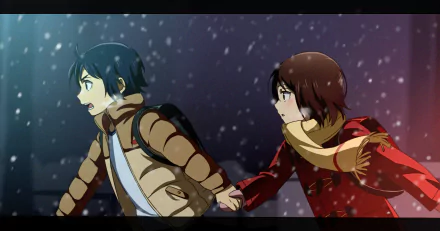 An HD desktop wallpaper featuring Satoru Fujinuma and Kayo Hinazuki from the anime Erased (Boku Dake Ga Inai Machi). The characters are set in a snowy scene, with Kayo holding Satoru's hand.