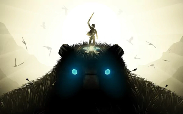 HD wallpaper featuring a warrior standing triumphantly on a colossal creature from Shadow of the Colossus.