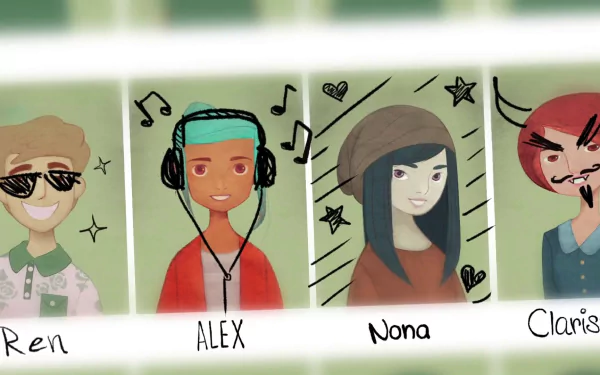 HD wallpaper featuring stylized cartoon characters from Oxenfree, including Ren, Alex, Nona, and Clarissa, against a green tinted background.