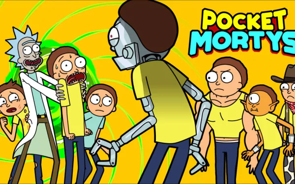 HD desktop wallpaper of Rick and Morty from Pocket Mortys featuring Rick Sanchez, Morty Smith, and multiple Mortys in a comical pose.