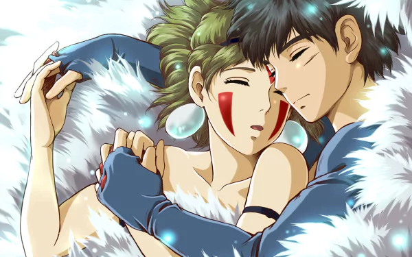 A beautiful HD wallpaper featuring characters from Princess Mononoke, showcasing a tender moment between them amidst a serene, nature-inspired background.