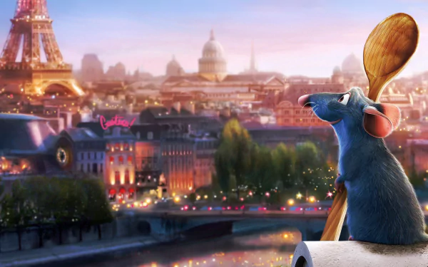 HD wallpaper featuring Remy from the movie Ratatouille gazing over a beautifully lit Paris cityscape, with the iconic Eiffel Tower in the background.