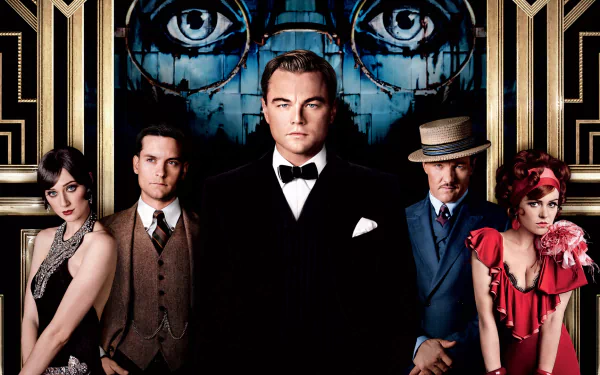 A vibrant HD wallpaper from The Great Gatsby, featuring Tobey Maguire, Elizabeth Debicki, Joel Edgerton, Isla Fisher, and Leonardo DiCaprio, set against an ornate background.