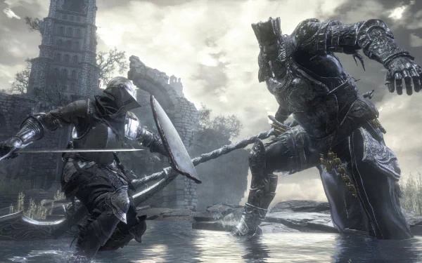 A dynamic scene from Dark Souls III featuring a knight in battle against a towering armored foe, set against a dramatic, high-contrast backdrop. 4K Ultra HD wallpaper for PC.