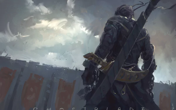 A warrior stands with a sword, gazing into the distance amidst dramatic skies. This HD desktop wallpaper showcases a powerful scene inspired by the comic GhostBlade.