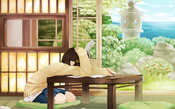 A student with short brown hair in a school uniform rests at a desk, surrounded by nature. They have a pen and book in front of them, creating a serene anime-inspired scene.
