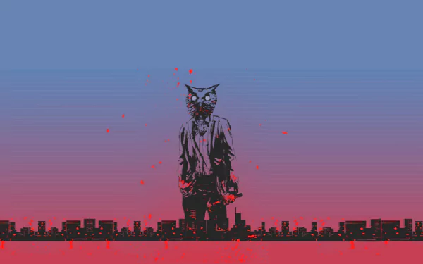 HD PC desktop wallpaper featuring a character from Hotline Miami 2: Wrong Number standing against a gradient dusk sky above a silhouetted cityscape.