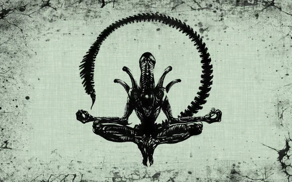 A striking HD desktop wallpaper featuring a meditative xenomorph, blending elements of alien aesthetics with a serene pose against a textured background.
