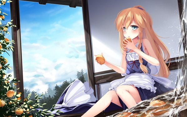 Anime Touhou Marisa Kirisame Long Hair Fruit Blush Blonde Braid Dress Water Blue Eyes Sky Sunbeam HD Wallpaper | Background Image