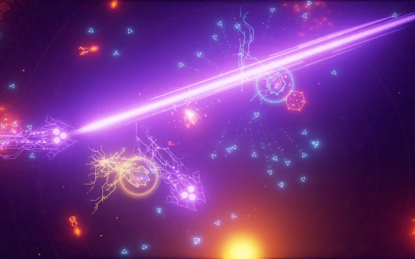 A vibrant HD desktop wallpaper from the video game AIPD - Artificial Intelligence Police Department, featuring colorful beams of light and dynamic energy patterns in a futuristic space setting.