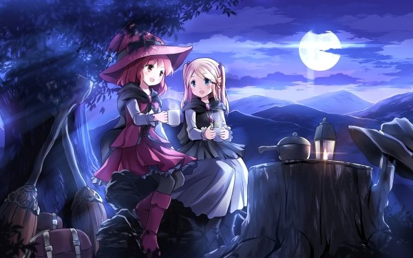 Anime Original Long Hair Short Hair Moon Blonde Red Hair Blush Blue Eyes Red Eyes Red Dress Blue Dress Tea Cup Lantern Cloud Witch Hat HD Wallpaper | Background Image