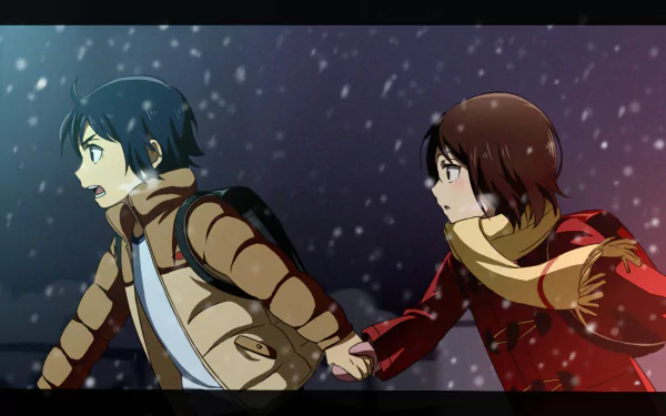 An HD desktop wallpaper featuring Satoru Fujinuma and Kayo Hinazuki from the anime Erased (Boku Dake Ga Inai Machi). The characters are set in a snowy scene, with Kayo holding Satoru's hand.