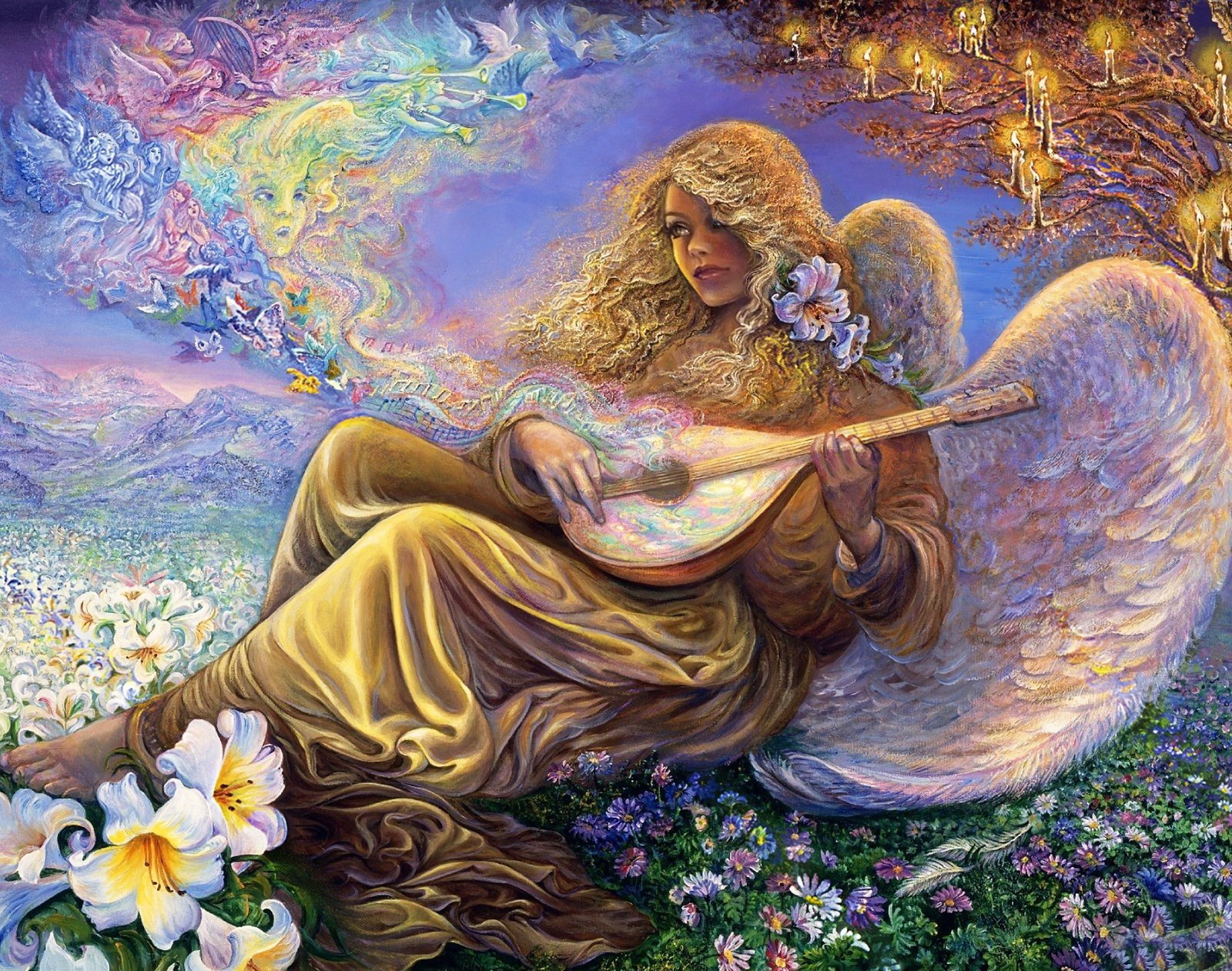 Fantasy - Angel  Fantasy Lute Wings Flower Wallpaper