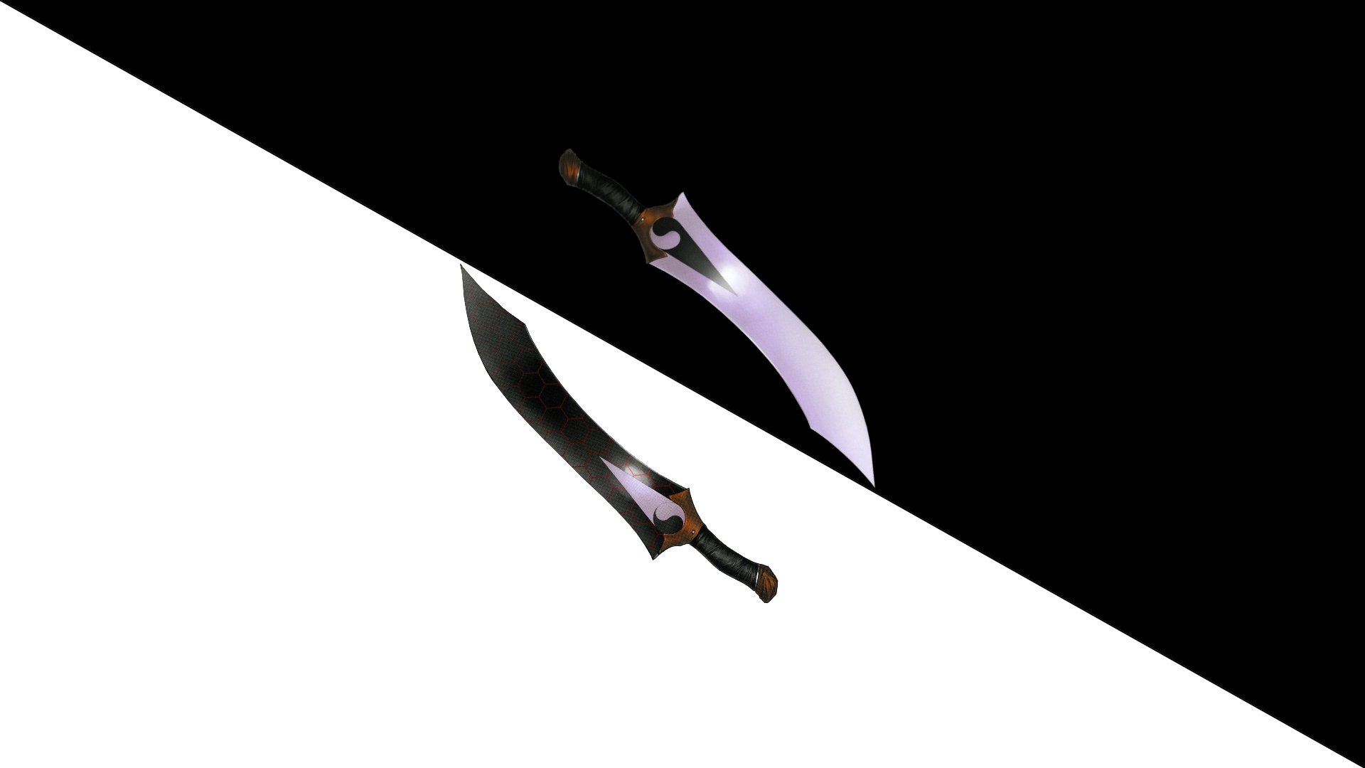 HD PC desktop wallpaper featuring two swords from the anime Fate/Stay Night, set against a striking diagonal black and white background.