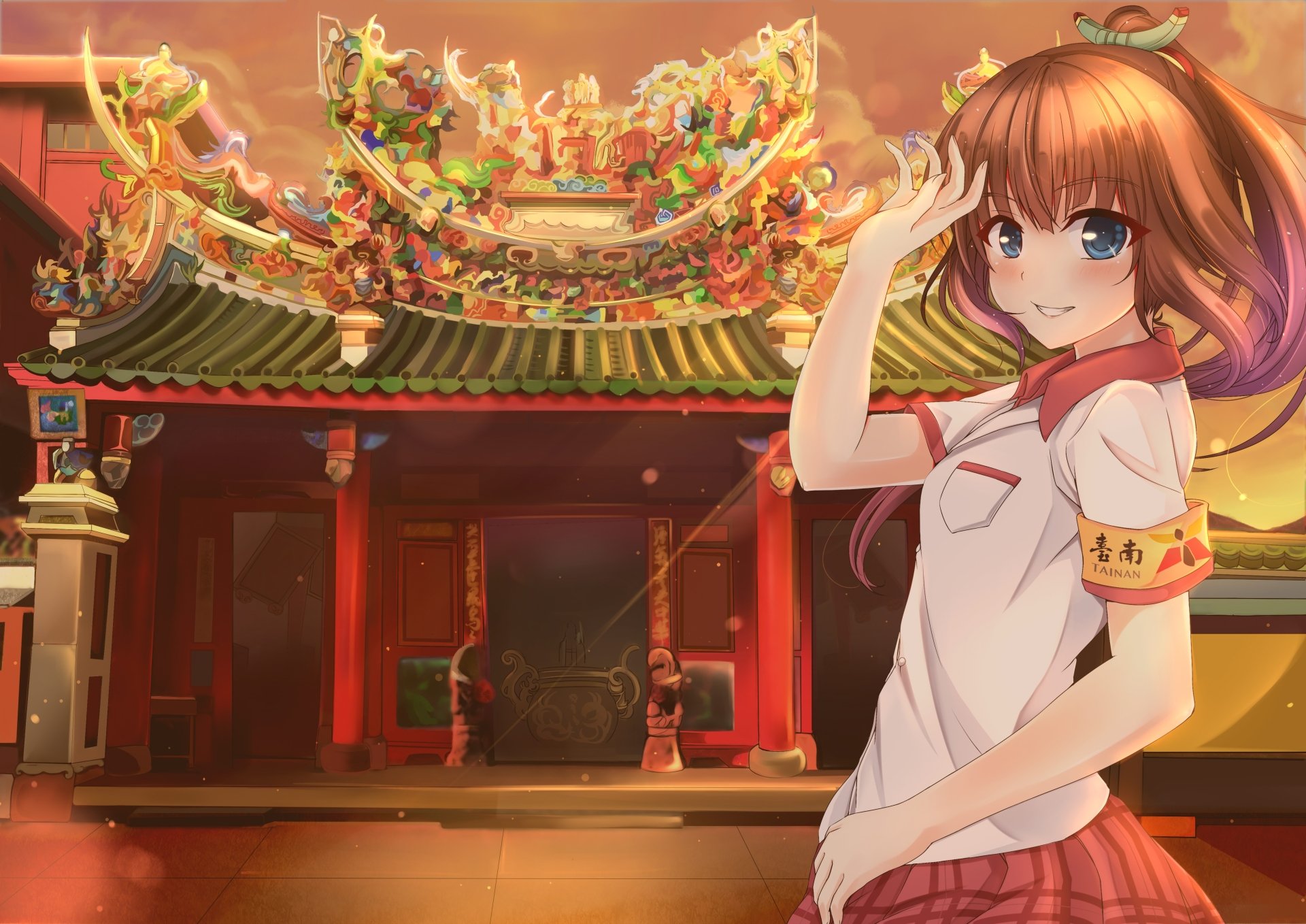 An anime character with brown hair tied in a ponytail smiles with blue eyes, wearing a school uniform, against a vibrant background featuring an ornate temple.