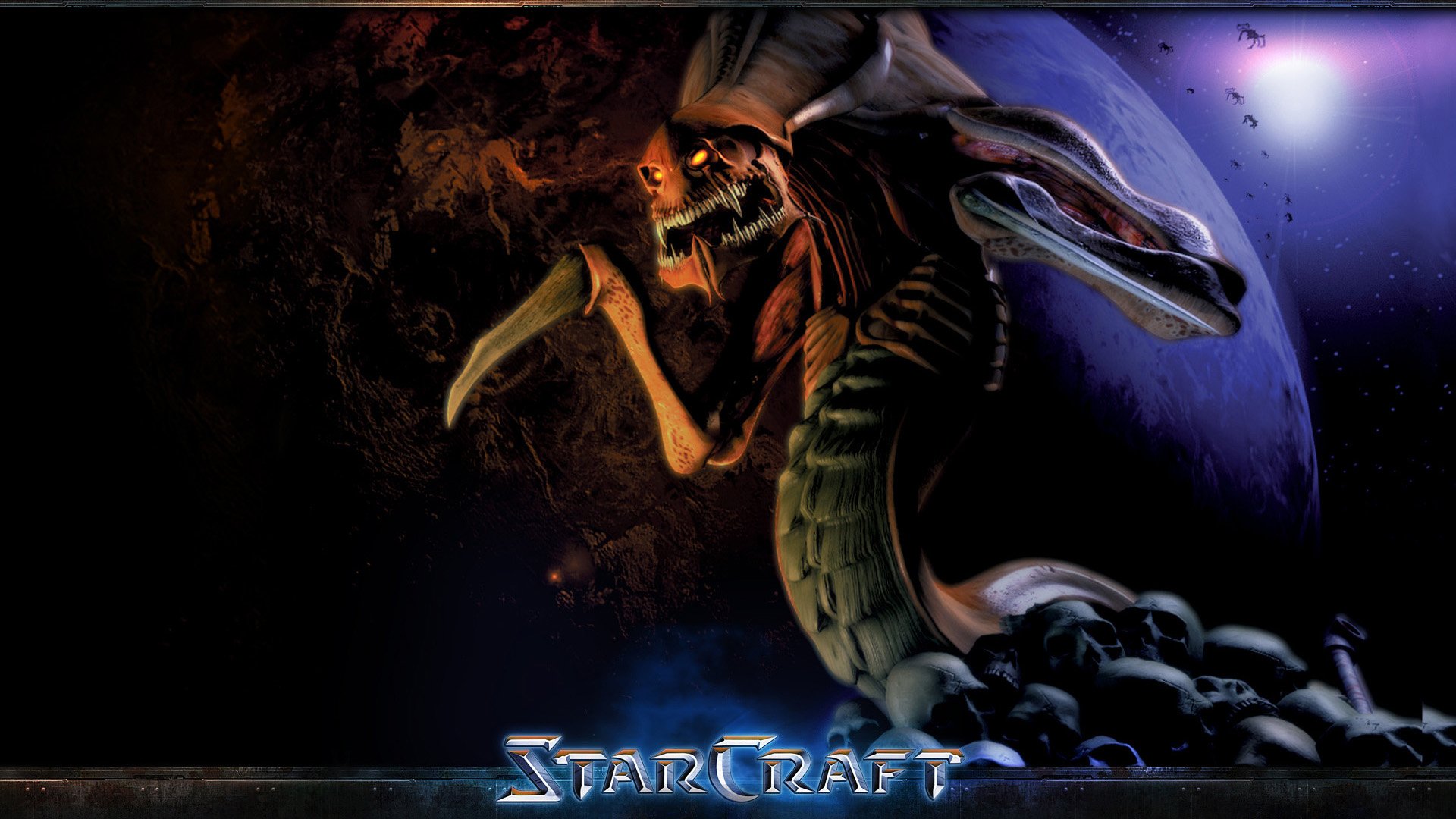 HD PC desktop wallpaper/background for the StarCraft video game: a menacing alien (Zerg) curled before a glowing planet, with the StarCraft logo along the bottom.