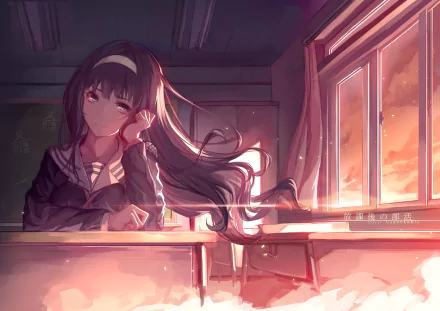 Anime-style HD wallpaper featuring Utaha Kasumigaoka from Saekano: How to Raise a Boring Girlfriend, shown in a school uniform with purple hair, red eyes, smiling and blushing in a classroom.