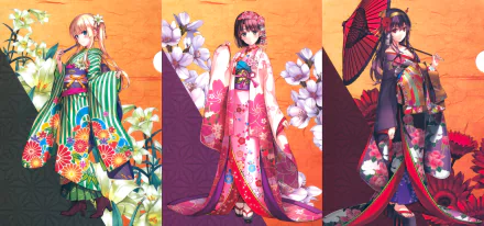 Colorful HD wallpaper featuring characters from *Saekano: How to Raise a Boring Girlfriend*, adorned in beautiful kimonos among floral backgrounds.
