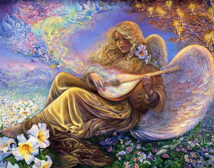 A serene fantasy scene featuring an angel with flowing hair playing a lute among vibrant flowers, surrounded by ethereal colors, creating a captivating HD desktop wallpaper.