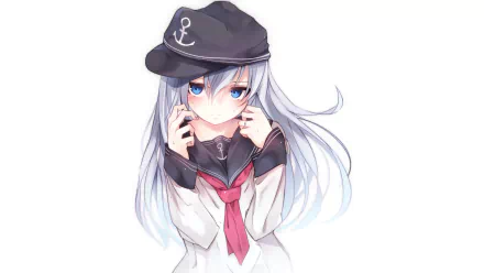 Anime character Hibiki from Kantai Collection features long white hair, blue eyes, and a blush, wearing a sailor uniform and a hat. This HD image serves as a vibrant desktop wallpaper.