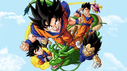 A vibrant HD desktop wallpaper featuring Goku, Vegeta, Gohan, Trunks, and Goten from Dragon Ball Z, with the characters in dynamic poses against a bright sky backdrop.
