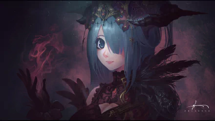 HD desktop wallpaper featuring an original anime character with blue hair, dark intricate attire, and mystical horns, set against a dark, ethereal background.