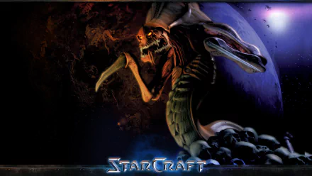 HD PC desktop wallpaper/background for the StarCraft video game: a menacing alien (Zerg) curled before a glowing planet, with the StarCraft logo along the bottom.