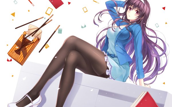 Anime Saenai Heroine no Sodatekata Utaha Kasumigaoka Long Hair Purple Hair Red Eyes Pantyhose Buch Blush High Heels Dress Blue Dress HD Wallpaper | Hintergrund